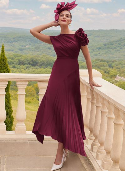 A-Line Asymmetrical Silk Like Satin Mother Of The Bride Dresses With Pleated/Flower(s)