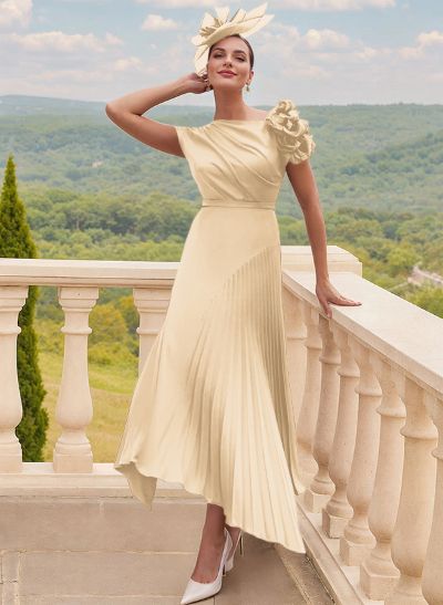 A-Line Asymmetrical Silk Like Satin Mother Of The Bride Dresses With Pleated/Flower(s)