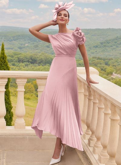 A-Line Asymmetrical Silk Like Satin Mother Of The Bride Dresses With Pleated/Flower(s)