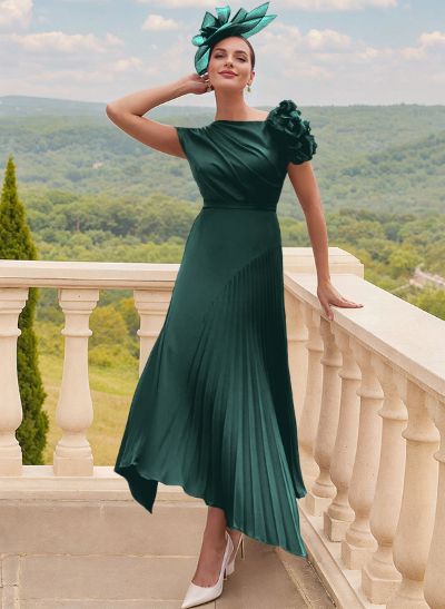 A-Line Asymmetrical Silk Like Satin Mother Of The Bride Dresses With Pleated/Flower(s)