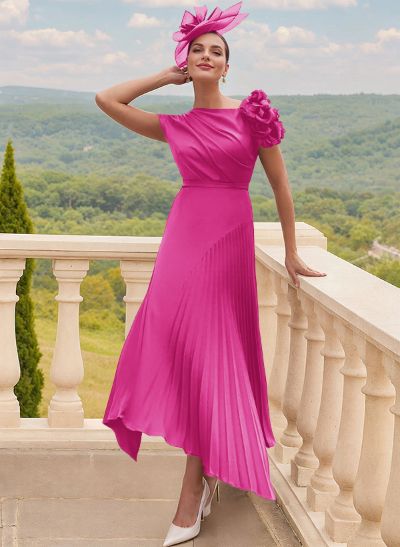 A-Line Asymmetrical Silk Like Satin Mother Of The Bride Dresses With Pleated/Flower(s)