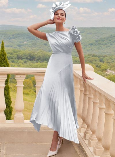 A-Line Asymmetrical Silk Like Satin Mother Of The Bride Dresses With Pleated/Flower(s)