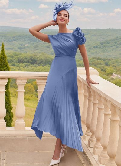 A-Line Asymmetrical Silk Like Satin Mother Of The Bride Dresses With Pleated/Flower(s)