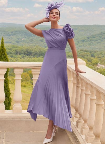 A-Line Asymmetrical Silk Like Satin Mother Of The Bride Dresses With Pleated/Flower(s)