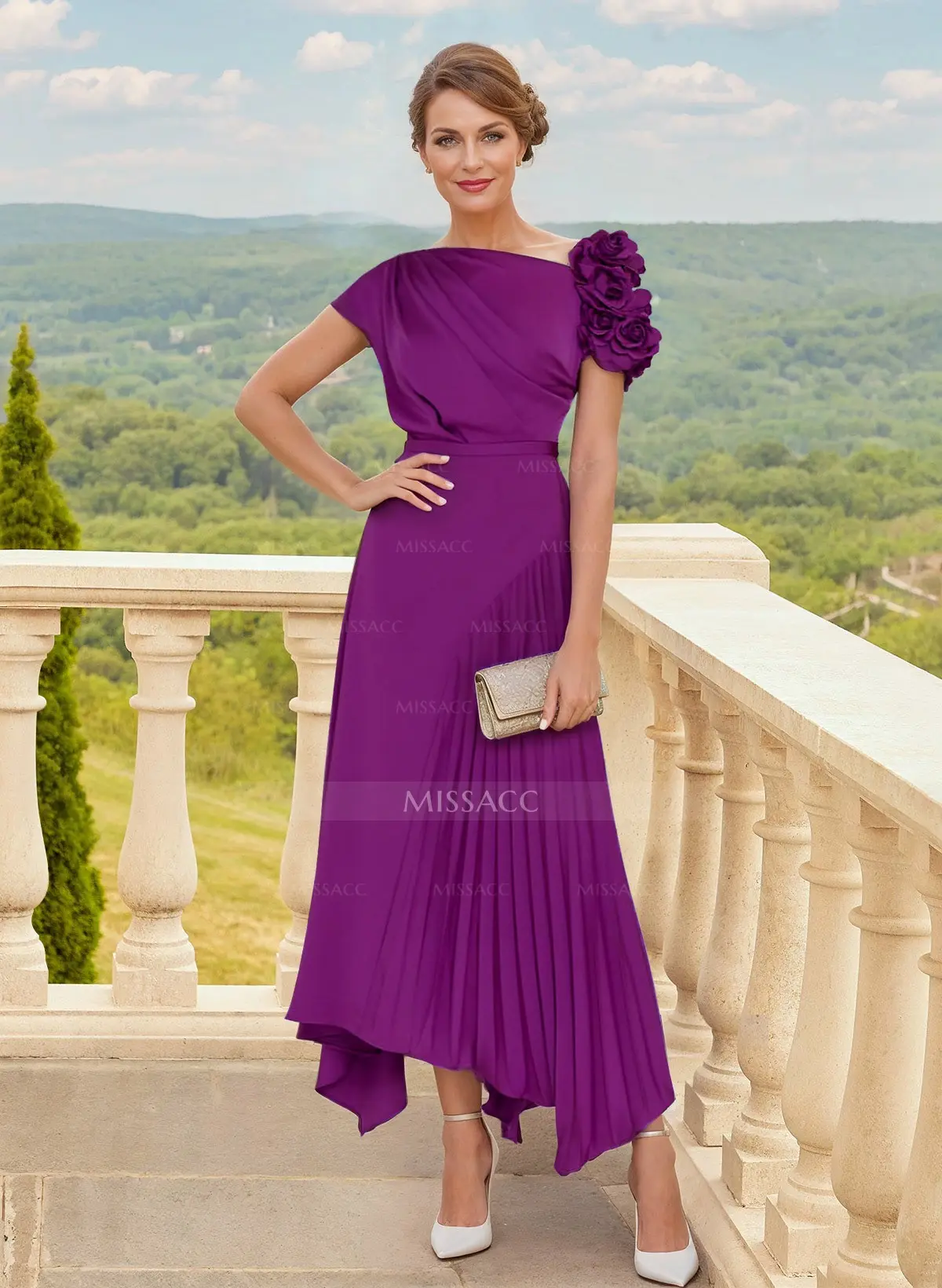 A-Line Asymmetrical Stretch Chiffon Mother Of The Bride Dresses With  Pleated/Flower(s) - Missacc