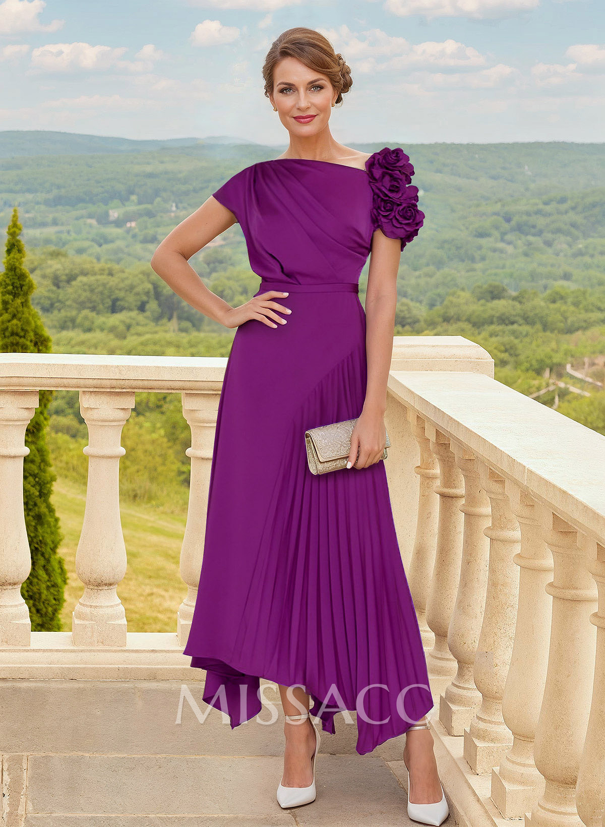 A-Line Asymmetrical Stretch Chiffon Mother Of The Bride Dresses With Pleated/Flower(s) A-Line Asymmetrical Stretch Chiffon Mother Of The Bride Dresses With Pleated/Flower(s)