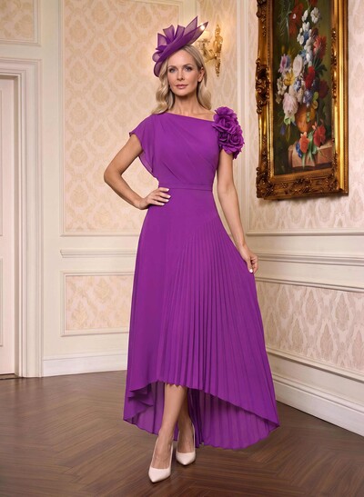 A-Line Asymmetrical Stretch Chiffon Mother Of The Bride Dresses With Pleated/Flower(s)