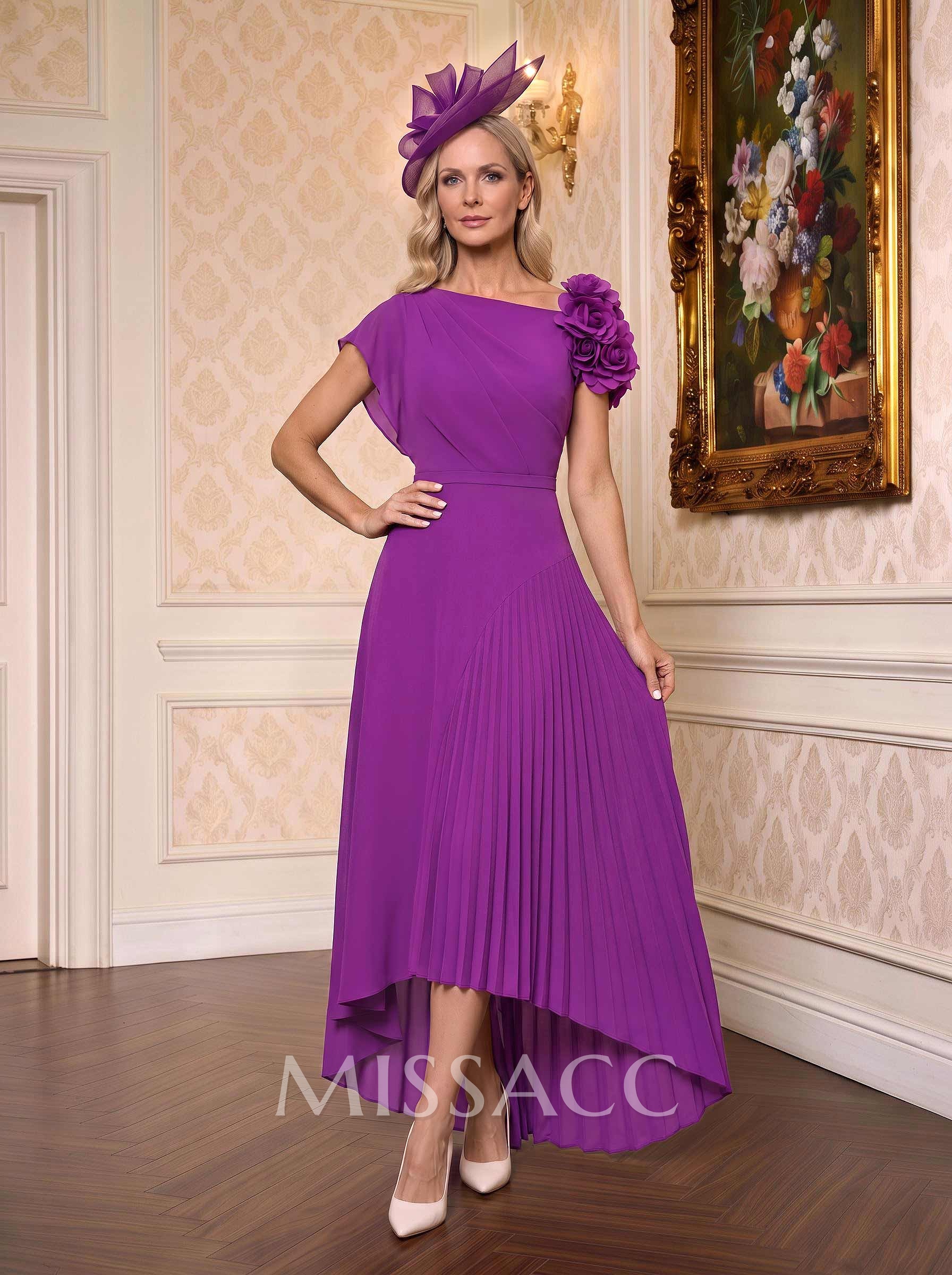 A-Line Asymmetrical Stretch Chiffon Mother Of The Bride Dresses With Pleated/Flower(s)
