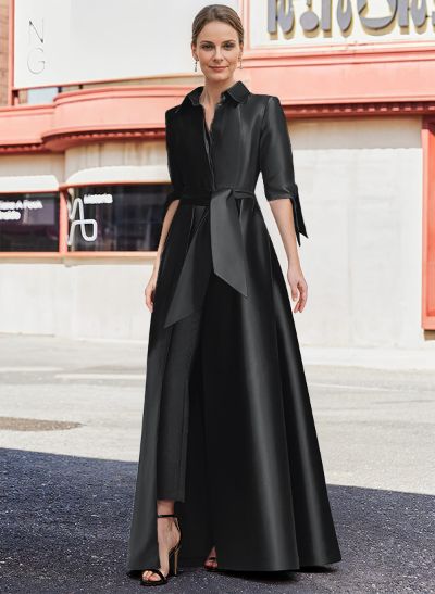 Jumpsuit/Pantsuit V-Neck 1/2 Sleeves Floor-Length Satin Mother Of The Bride Dresses