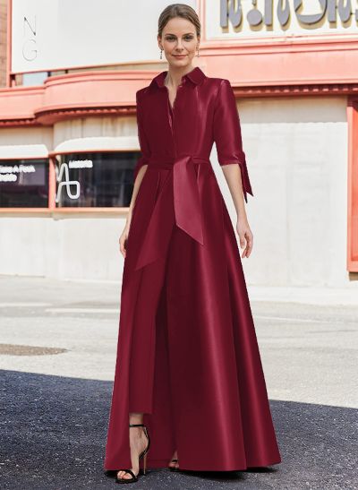 Jumpsuit/Pantsuit V-Neck 1/2 Sleeves Floor-Length Satin Mother Of The Bride Dresses