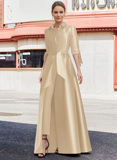 Jumpsuit/Pantsuit V-Neck 1/2 Sleeves Floor-Length Satin Mother Of The Bride Dresses