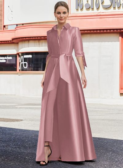 Jumpsuit/Pantsuit V-Neck 1/2 Sleeves Floor-Length Satin Mother Of The Bride Dresses