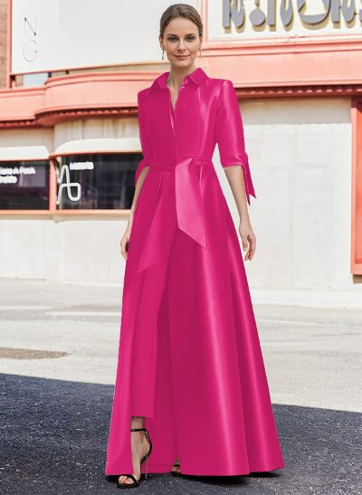 Jumpsuit/Pantsuit V-Neck 1/2 Sleeves Floor-Length Satin Mother Of The Bride Dresses