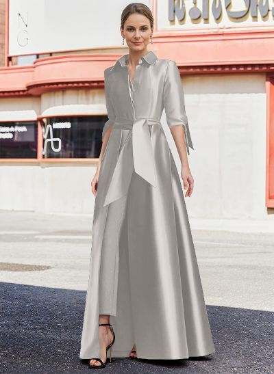 Jumpsuit/Pantsuit V-Neck 1/2 Sleeves Floor-Length Satin Mother Of The Bride Dresses