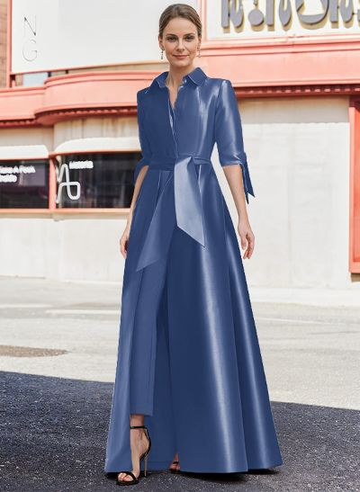 Jumpsuit/Pantsuit V-Neck 1/2 Sleeves Floor-Length Satin Mother Of The Bride Dresses