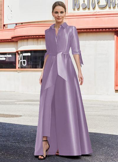 Jumpsuit/Pantsuit V-Neck 1/2 Sleeves Floor-Length Satin Mother Of The Bride Dresses