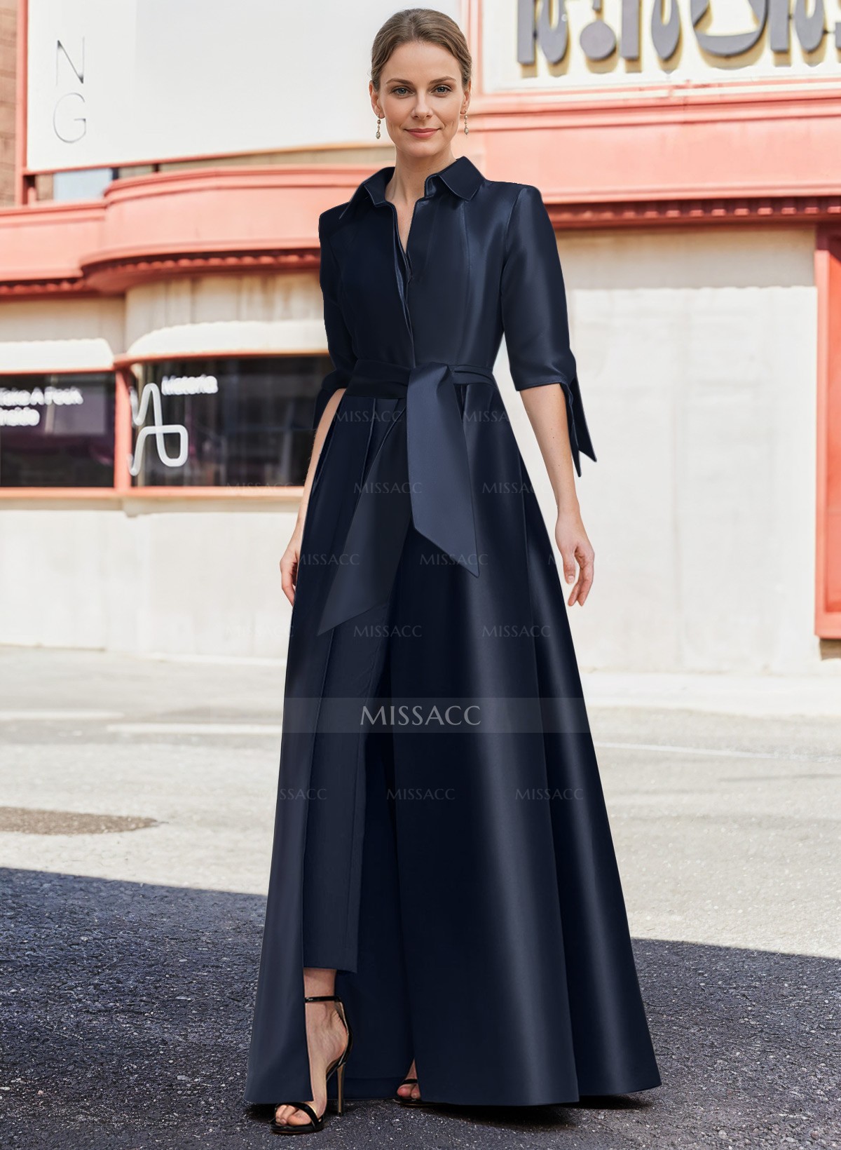 Jumpsuit/Pantsuit V-Neck 1/2 Sleeves Floor-Length Satin Mother Of The Bride Dresses