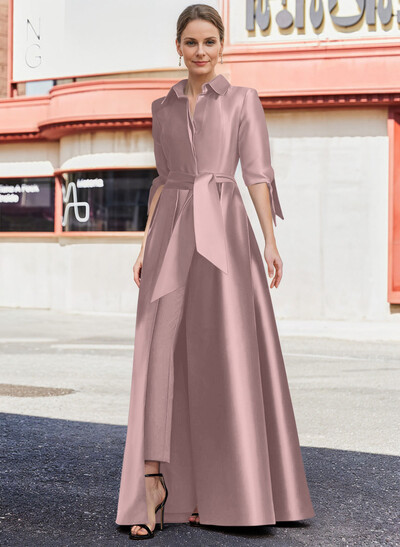 Jumpsuit/Pantsuit V-Neck 1/2 Sleeves Floor-Length Satin Mother Of The Bride Dresses