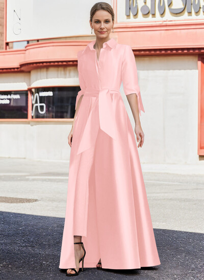 Jumpsuit/Pantsuit V-Neck 1/2 Sleeves Floor-Length Satin Mother Of The Bride Dresses
