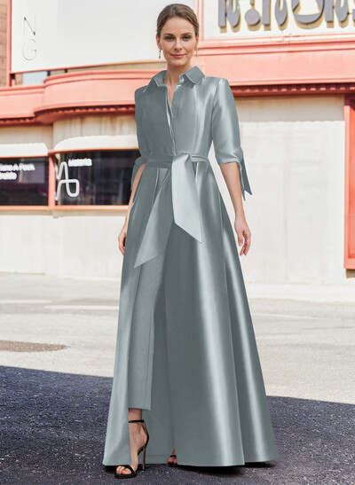 Jumpsuit/Pantsuit V-Neck 1/2 Sleeves Floor-Length Satin Mother Of The Bride Dresses