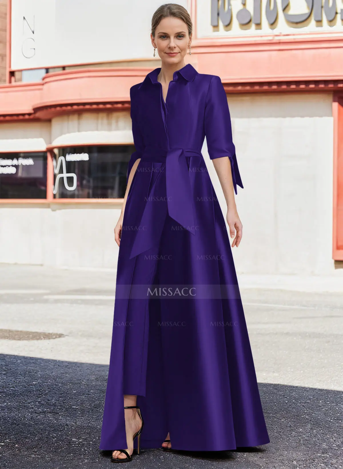 Jumpsuit/Pantsuit V-Neck 1/2 Sleeves Floor-Length Satin Mother Of
