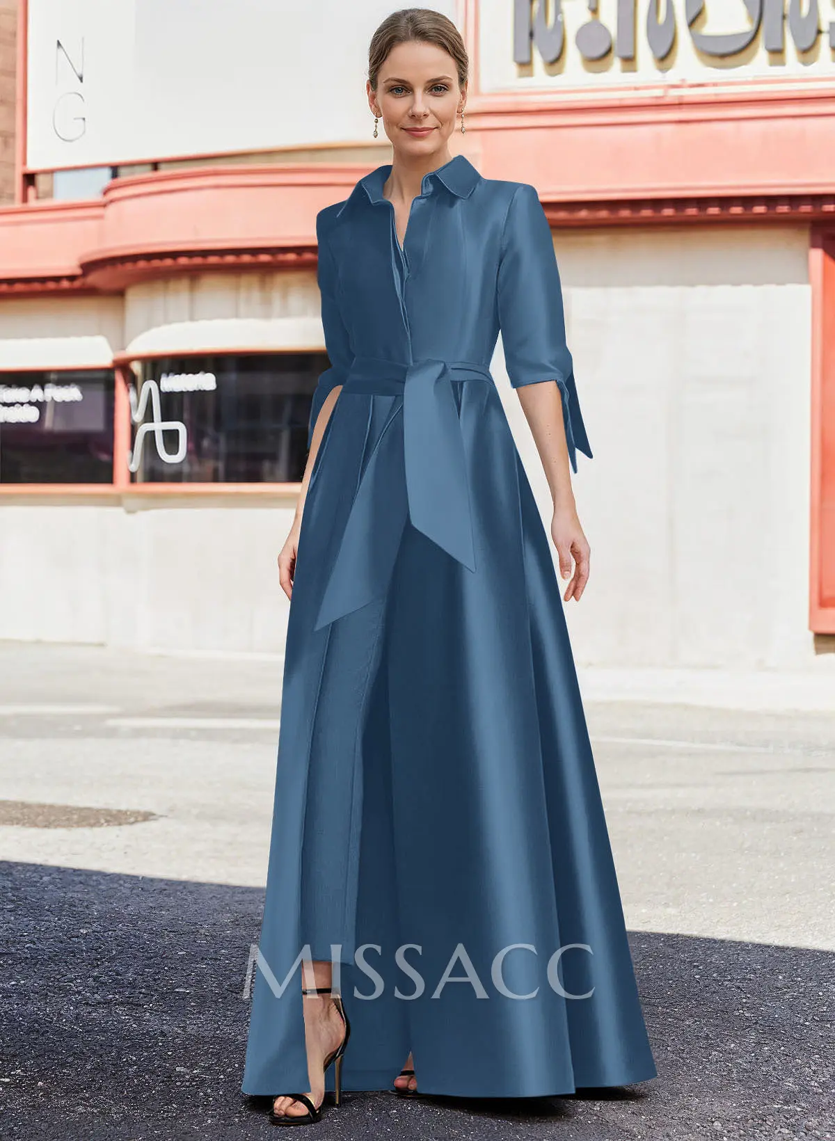スーツ・フォーマル・ドレス hem tiered volume sleeve embroidery OP Jumpsuit/Pantsuit V-Neck 1/2 Sleeves Floor-Length Satin Mother Of
