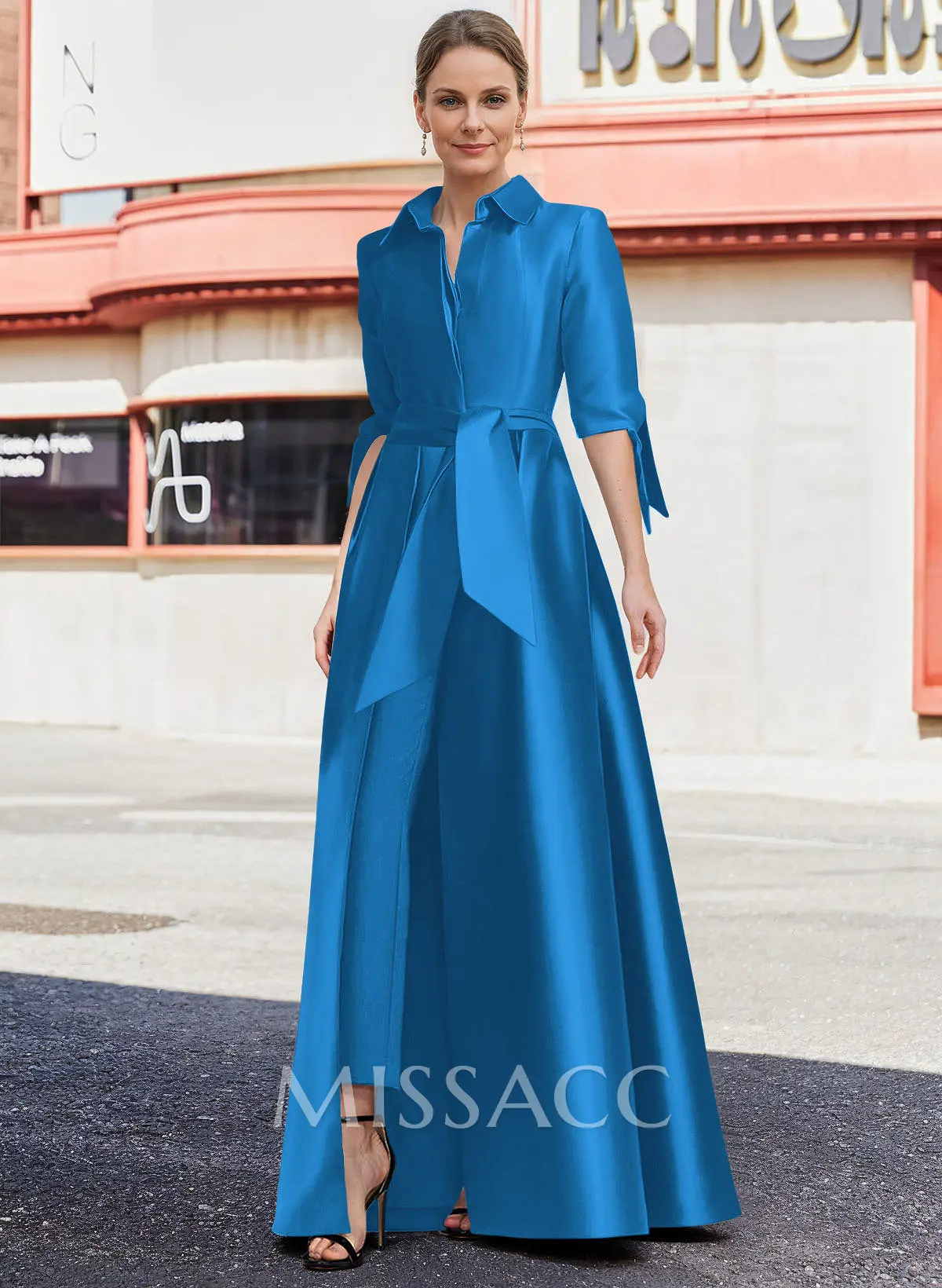 スーツ・フォーマル・ドレス MUL Jumpsuit/Pantsuit V-Neck 1/2 Sleeves Floor-Length Satin Mother Of