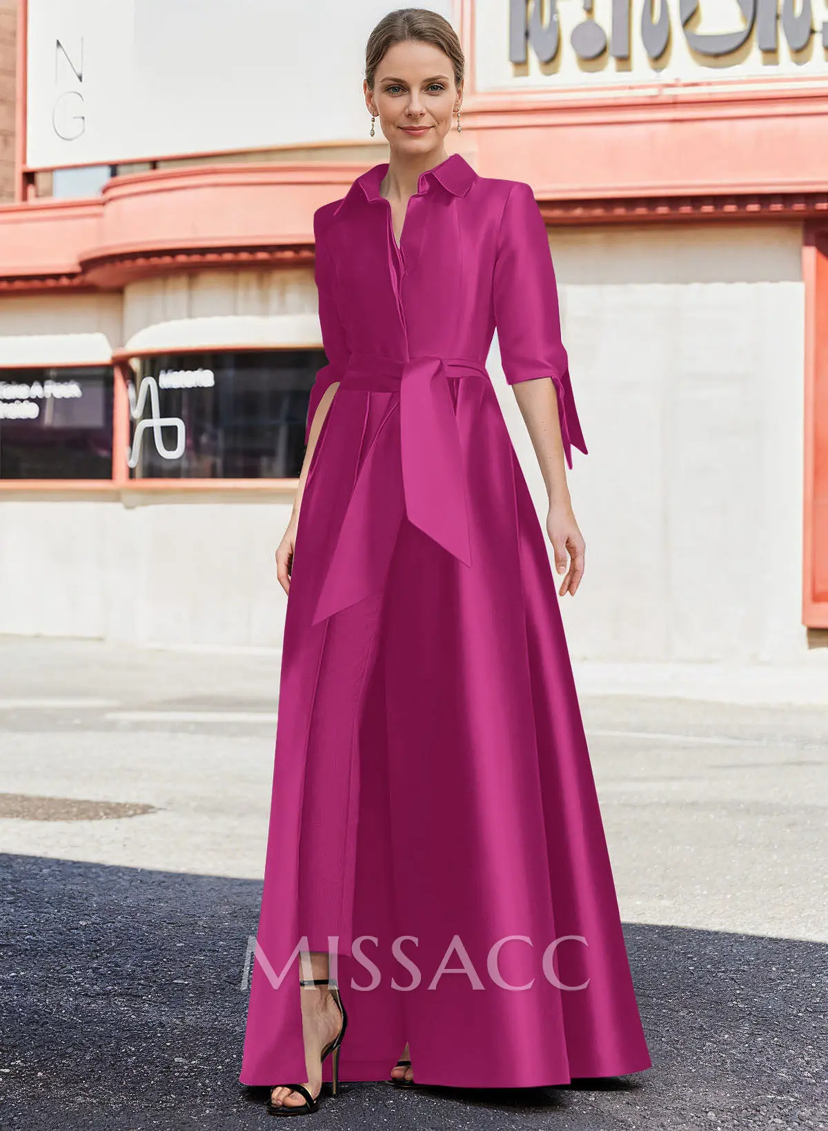 Missacc Fuchsia Mother Of The Bride Dresses Jumpsuit/Pantsuit V-Neck 1/2 Sleeves Floor-Length Satin Mother Of The Bride Dresses