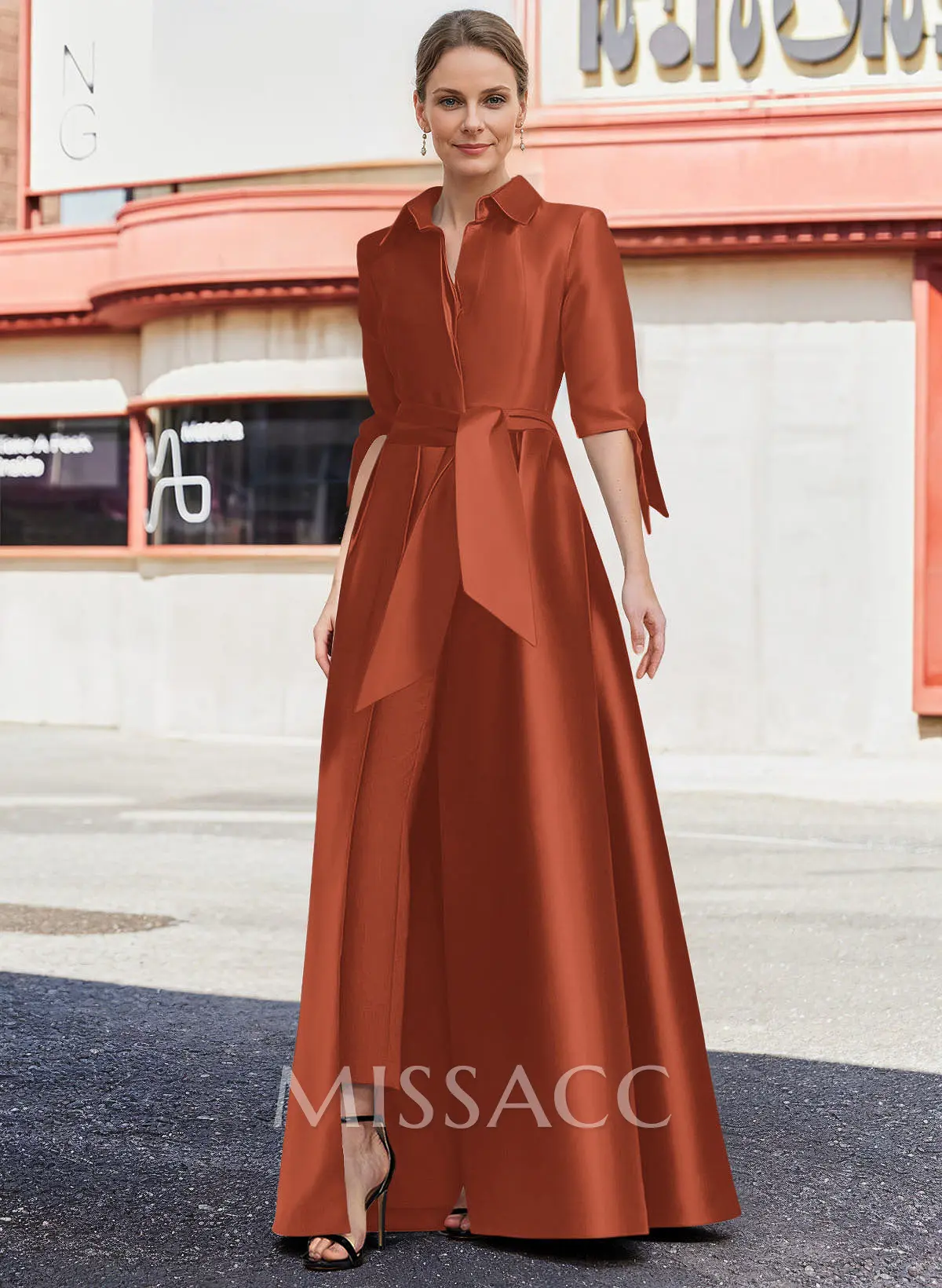 Jumpsuit/Pantsuit V-Neck 1/2 Sleeves Floor-Length Satin Mother Of The Bride  Dresses - Missacc