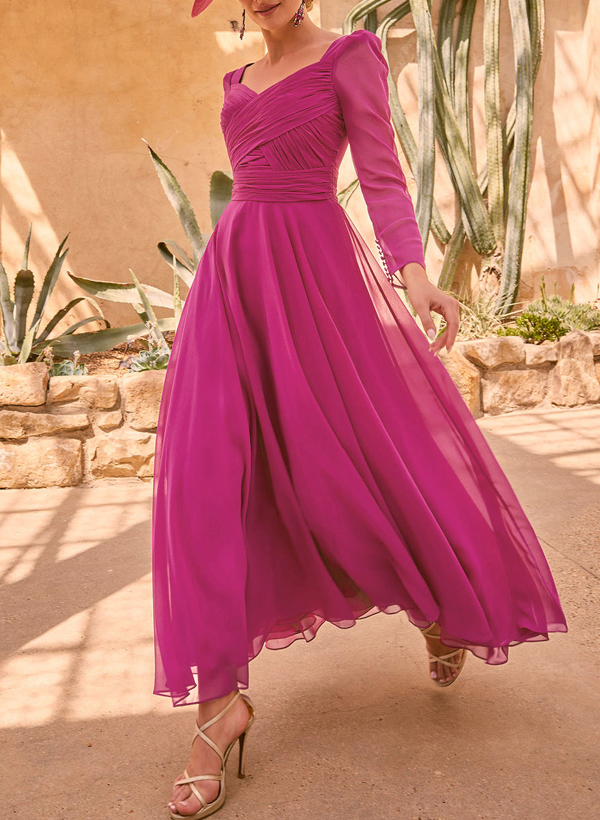 A-Line V-Neck Long Sleeves Ankle-Length Chiffon Mother Of The Bride Dresses