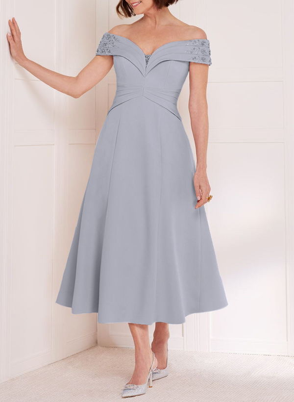 A-Line Off-The-Shoulder Tea-Length Elastic Satin(Slight Stretch) Mother Of The Bride Dresses