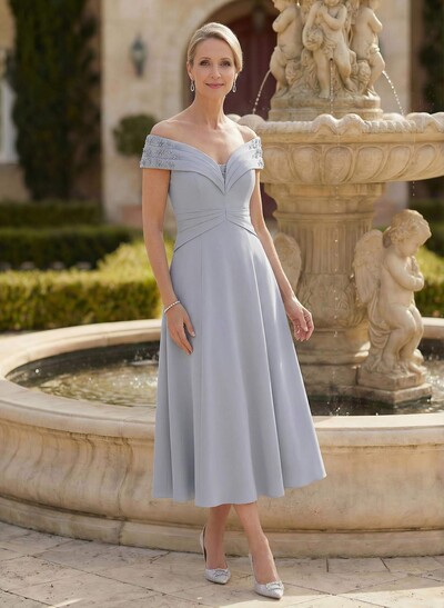 A-Line Off-The-Shoulder Tea-Length Elastic Satin(Slight Stretch) Mother Of The Bride Dresses