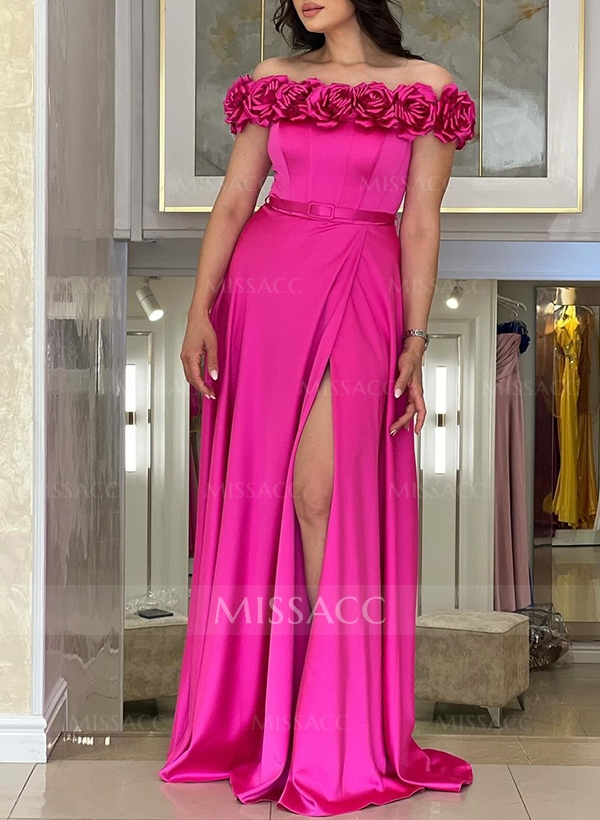 A-Line Silk Like Satin Mother Of The Bride Dresses With Flower(s)/High Split