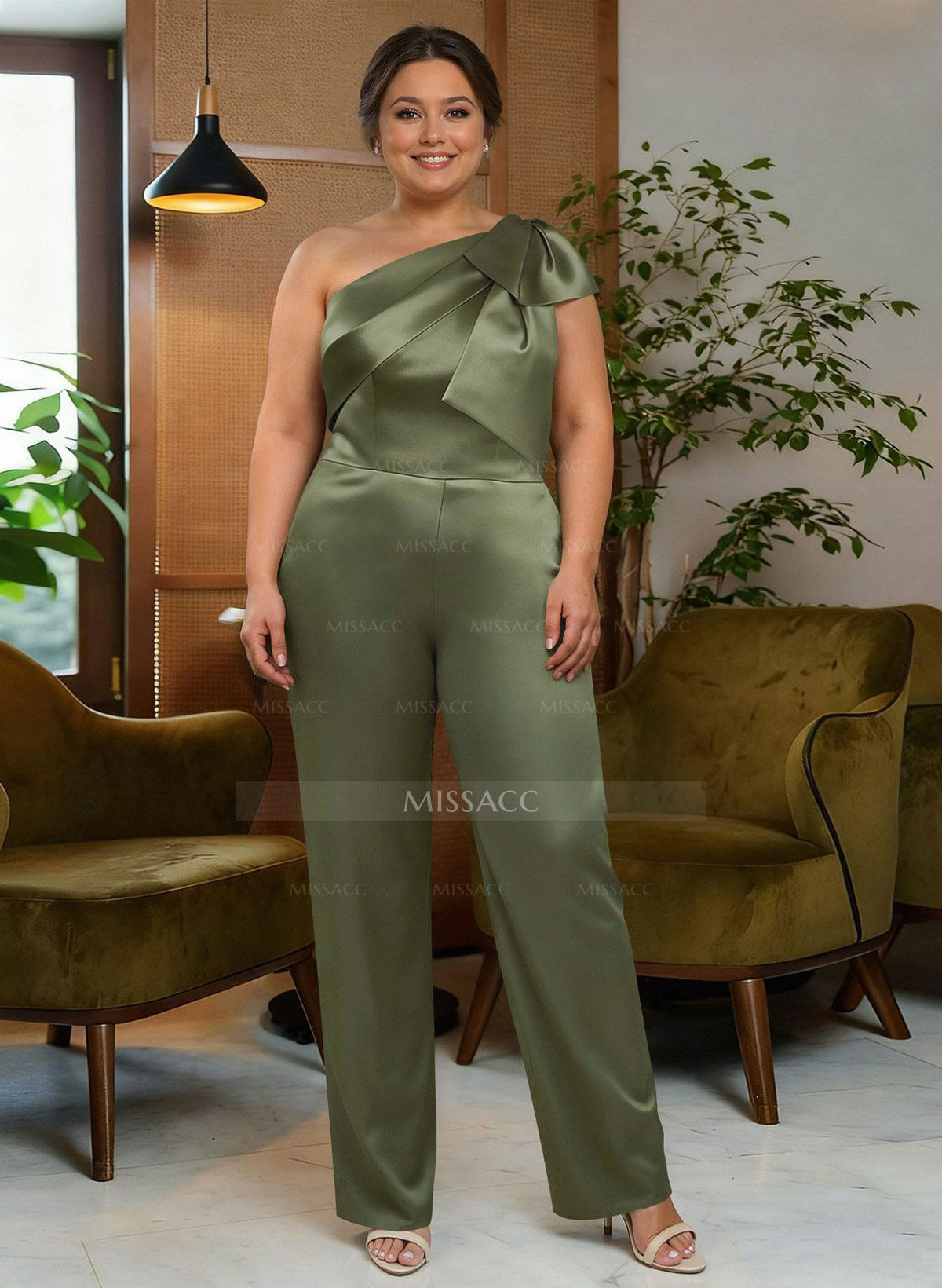 Jumpsuit/Pantsuit One-Shoulder Satin Mother Of The Bride Dresses With Bow(s)
