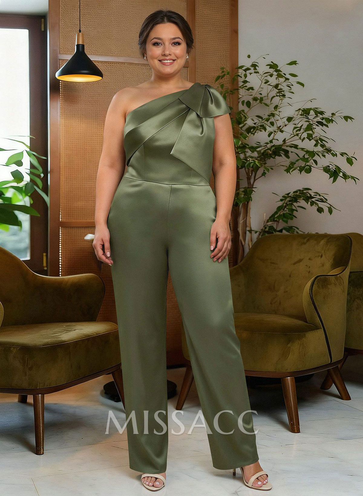 Jumpsuit/Pantsuit One-Shoulder Satin Mother Of The Bride Dresses With Bow(s) Jumpsuit/Pantsuit One-Shoulder Satin Mother Of The Bride Dresses With Bow(s)