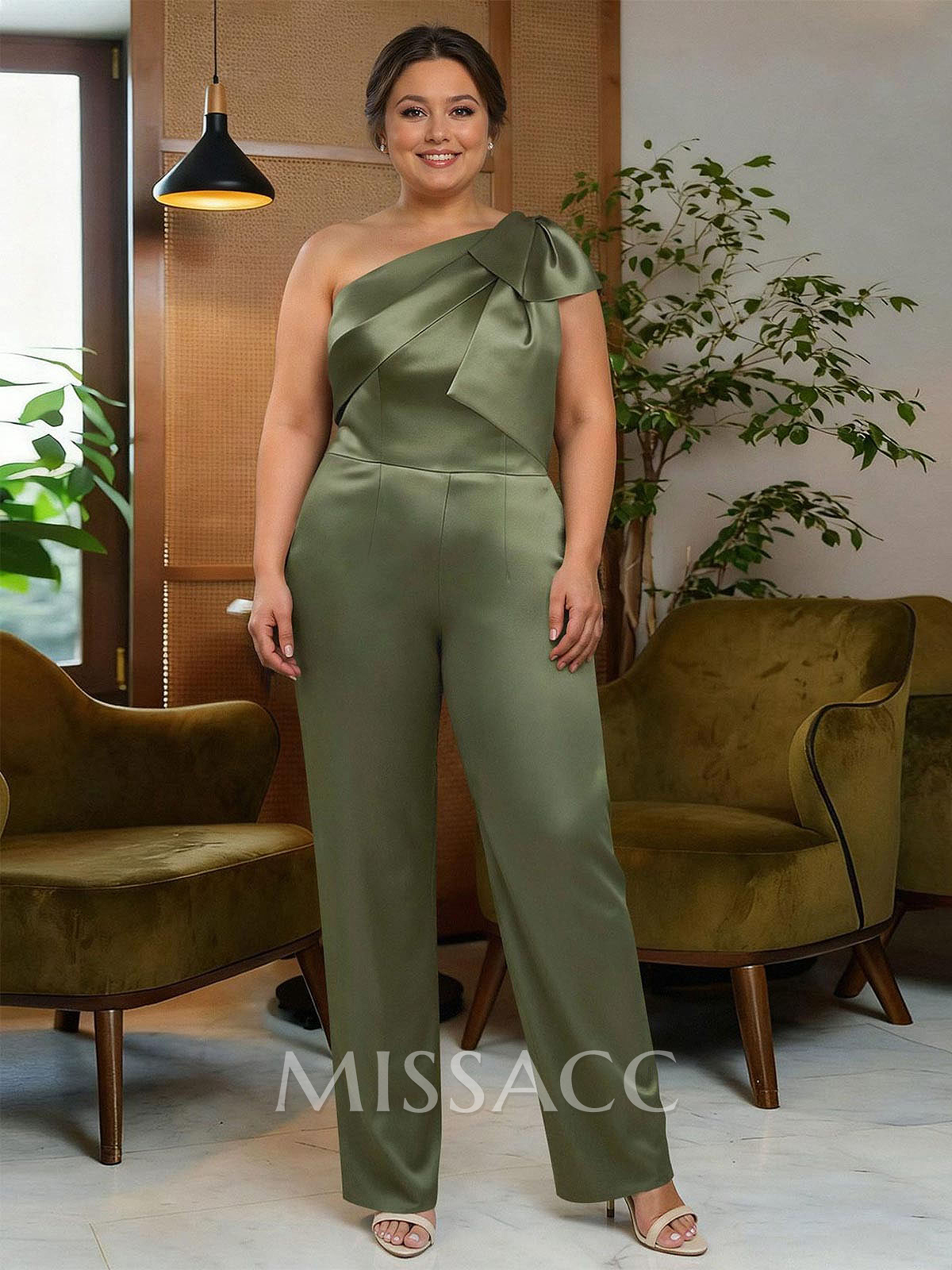 Jumpsuit/Pantsuit One-Shoulder Satin Mother Of The Bride Dresses With Bow(s) Jumpsuit/Pantsuit One-Shoulder Satin Mother Of The Bride Dresses With Bow(s)