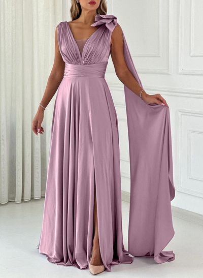 A-Line V-Neck Silk Like Satin Mother Of The Bride Dresses With Split Front/Bow(s)