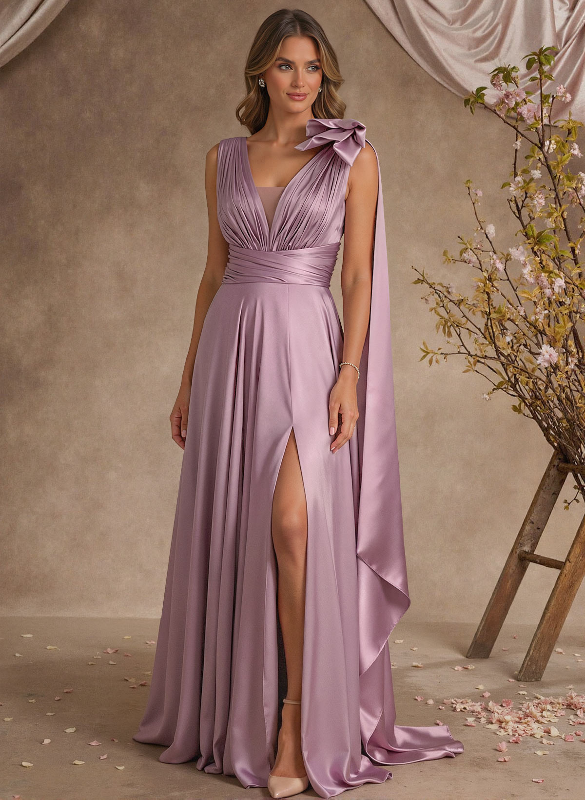 A-Line V-Neck Silk Like Satin Mother Of The Bride Dresses With Split Front/Bow(s)