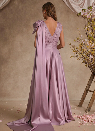 A-Line V-Neck Silk Like Satin Mother Of The Bride Dresses With Split Front/Bow(s)