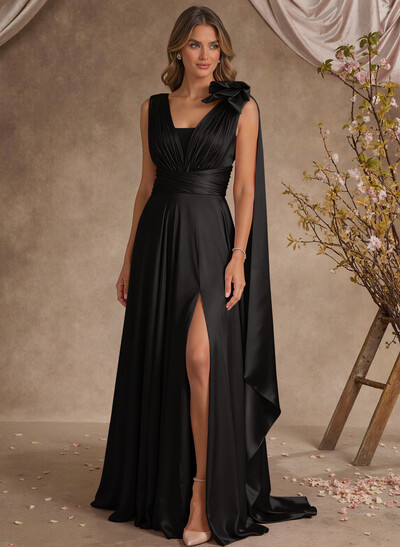 A-Line V-Neck Silk Like Satin Mother Of The Bride Dresses With Split Front/Bow(s)