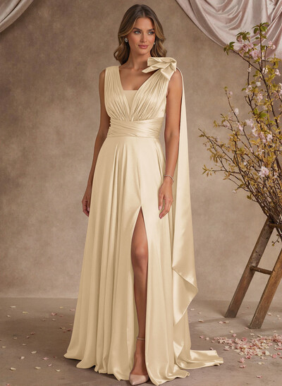 A-Line V-Neck Silk Like Satin Mother Of The Bride Dresses With Split Front/Bow(s)