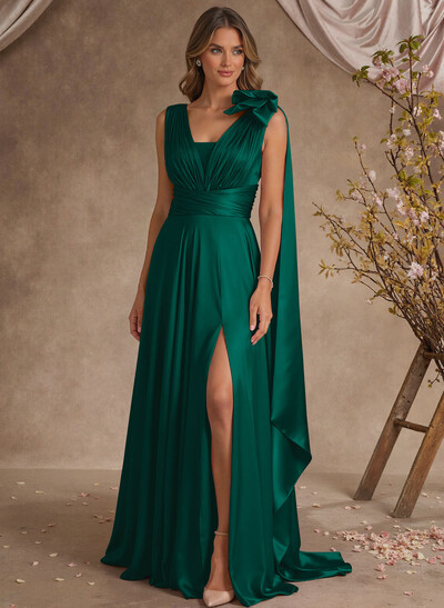 A-Line V-Neck Silk Like Satin Mother Of The Bride Dresses With Split Front/Bow(s)