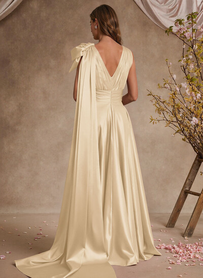 A-Line V-Neck Silk Like Satin Mother Of The Bride Dresses With Split Front/Bow(s)