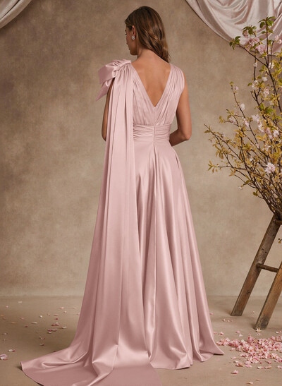 A-Line V-Neck Silk Like Satin Mother Of The Bride Dresses With Split Front/Bow(s)