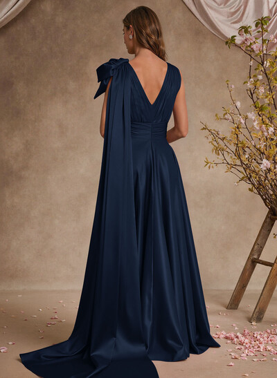 A-Line V-Neck Silk Like Satin Mother Of The Bride Dresses With Split Front/Bow(s)