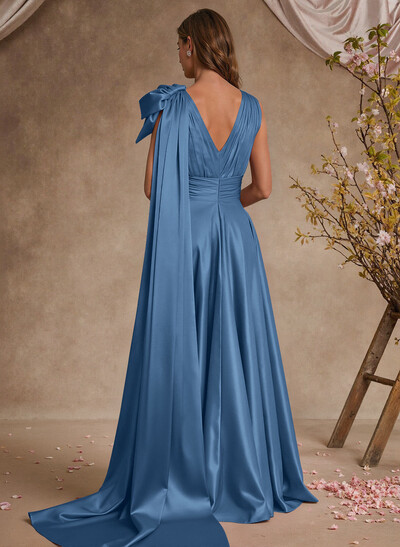 A-Line V-Neck Silk Like Satin Mother Of The Bride Dresses With Split Front/Bow(s)