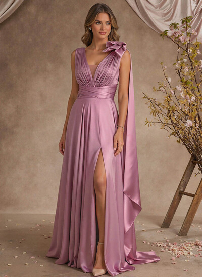 A-Line V-Neck Silk Like Satin Mother Of The Bride Dresses With Split Front/Bow(s)