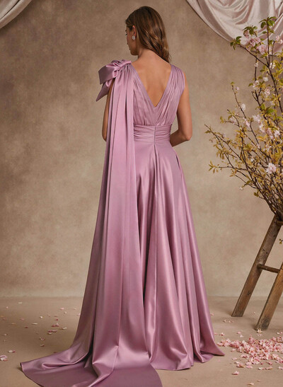 A-Line V-Neck Silk Like Satin Mother Of The Bride Dresses With Split Front/Bow(s)