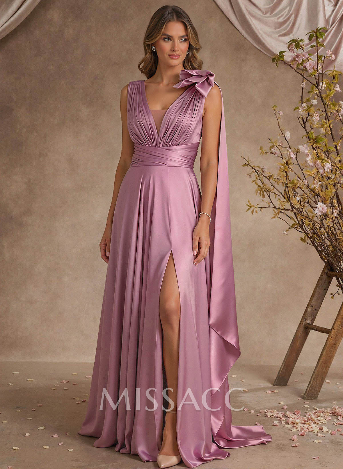 A-Line V-Neck Silk Like Satin Mother Of The Bride Dresses With Split Front/Bow(s)