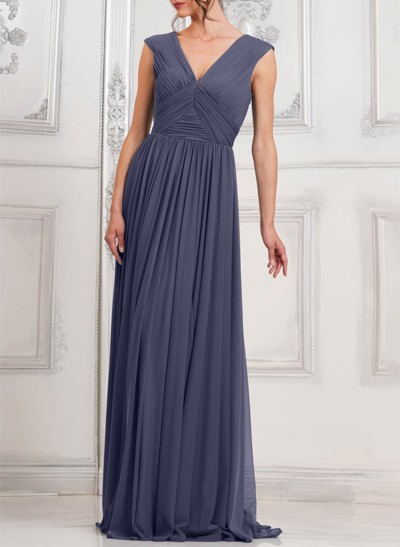 A-Line V-Neck Sleeveless Sweep Train Chiffon Mother Of The Bride Dresses